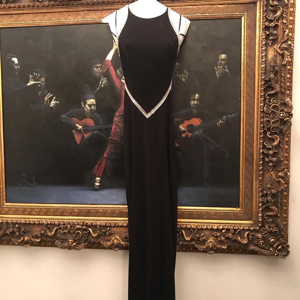 Long black evening gown, with jeweled outline